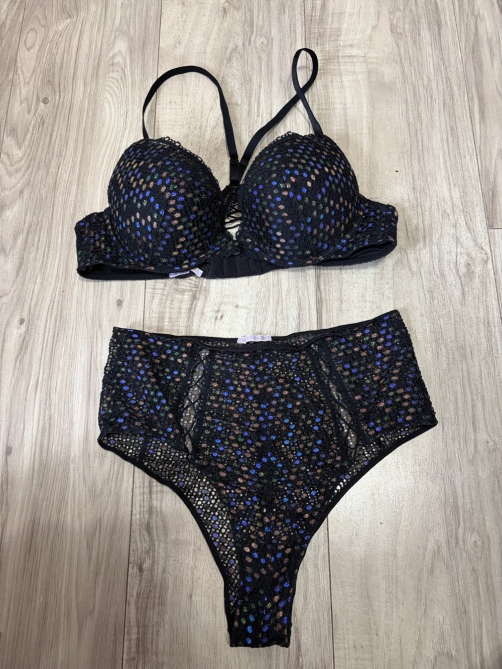 Savage X Fenty Black Lace Bra & High-Waist Brief with Iridescent Dots